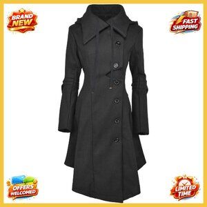 Wool Blend Trench Coat Elegant Goth Victorian Style Long Peacoat Hooded